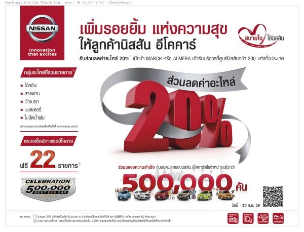 นิสสันเพิ่มรอยยิ้มแห่งความสุข ให้ลูกค้า อีโคคาร์  มอบส่วนลดค่าอะไหล่ 20% วันนี้ถึง 30 ก.ย. 2559