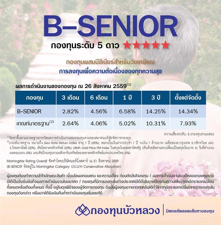 B-SENIOR “กองทุนเพื่อชีวิตวัยเกษียณ” ขึ้นแท่นกองทุน 5 ดาว ยอดพุ่งเกิน 5 พันล้านบาท