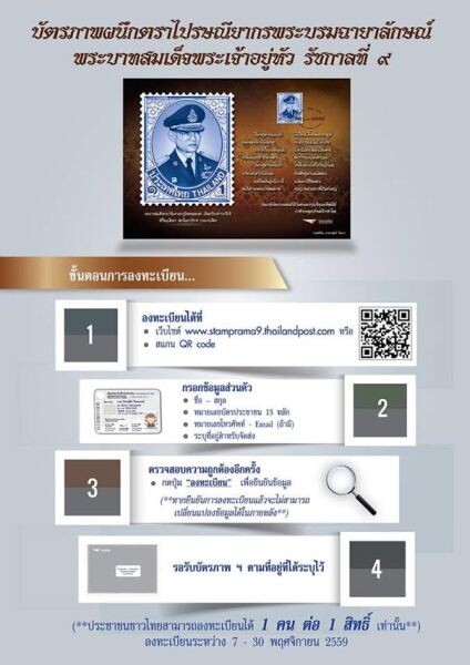 ไปรษณีย์ไทย เปิดตัวบัตรภาพผนึกแสตมป์ฯ รัชกาลที่ 9 พร้อมให้ลงทะเบียนผ่านเว็บไซต์ ตั้งแต่ 7 พ.ย. นี้เป็นต้นไป