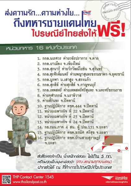 ไปรษณีย์ไทย ชวนคนไทยส่งของใช้สู่ทหารชายแดนใต้ รณรงค์จ่าหน้าพัสดุ “ทบ.สนามชายแดน” ส่งฟรีปลายทาง 16 แห่ง