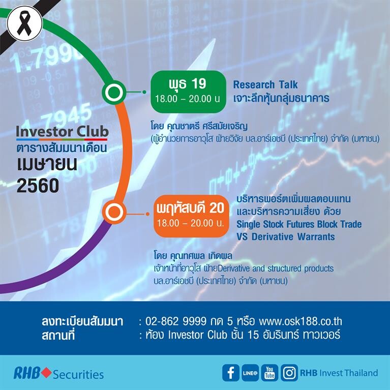 ตารางสัมมนา Investor Club คลับที่มากกว่าการลงทุน จาก RHB Securities ประจำเดือนเมษายน 2560