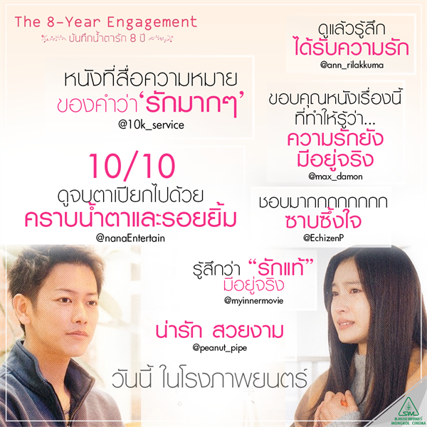 Movie Guide: นิ้วกลม , เรไรรายวัน , วีรพร นิติประภา นักเขียนรางวัลซีไรต์ , SWEAT16! รุมรีวิว The 8 Year Engagement บันทึกน้ำตารัก 8 ปี  หนังรักที่ซึ้งที่สุดแห่งปี น้ำตาไหลไม่หยุด