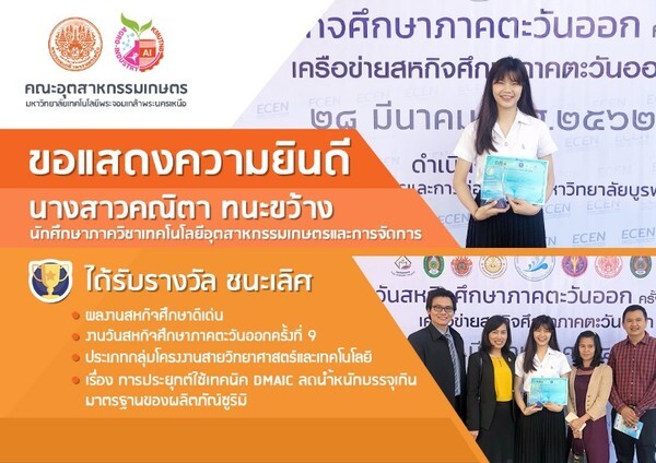 น.ศ. คณะอุตสาหกรรมเกษตร มจพ. วิทยาเขตปราจีนบุรี คว้ารางวัล ชนะเลิศผลงานสหกิจศึกษาดีเด่น