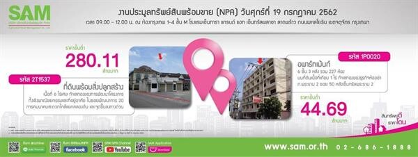 SAM เร่งเครื่องประมูลทรัพย์ NPA มูลค่าร่วม 1 พันล้าน สร้างโอกาสการลงทุนทรัพย์ทำเลดี นัดยื่นซอง 19 ก.ค.62