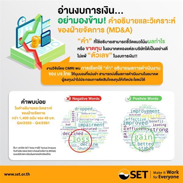 SET Note ฉบับที่ 9/2562 และ Infographic หัวข้อ “การใช้ Textual Analysis กับ คำอธิบายและวิเคราะห์ของฝ่ายจัดการ (MD&A) ของบริษัทจดทะเบียนในตลาดหลักทรัพย์ไทย