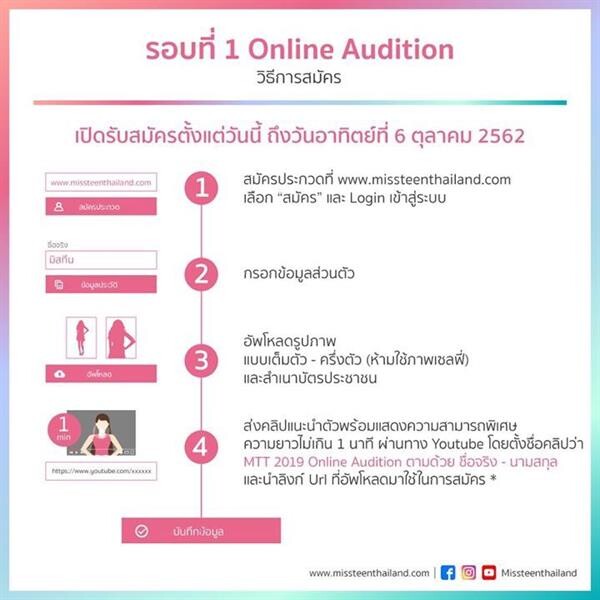 ห้ามพลาด!!! รอบแรก 'ออนไลน์ออดิชั่น 'มิสทีน ไทยแลนด์ 2019 บาย เฮลโล’