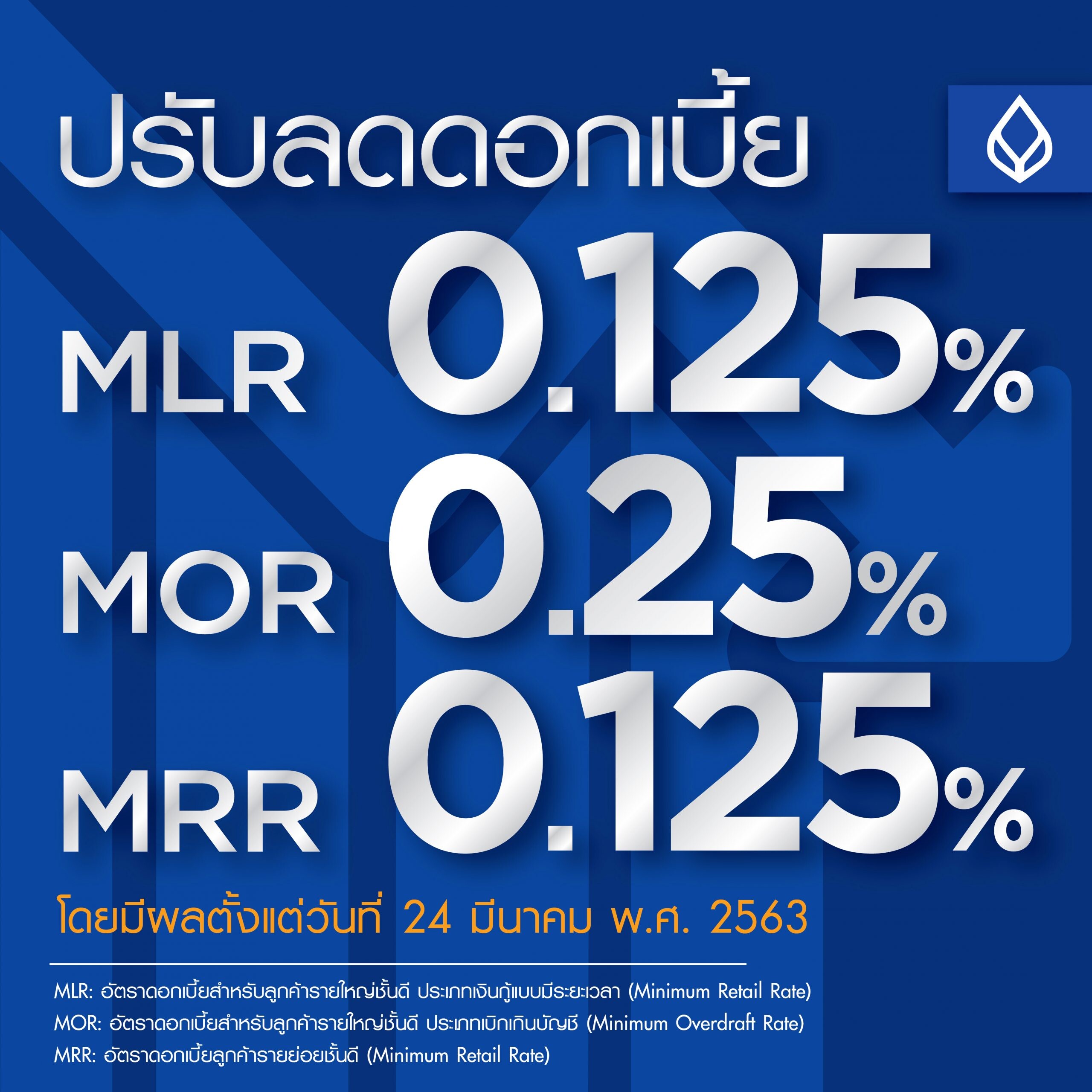 ธนาคารกรุงเทพ ลดดอกเบี้ยเงินกู้ทั้ง 3 ประเภท 0.125-0.25% ช่วยแบ่งเบาภาระลูกค้า และลดต้นทุนทางการเงินรับมือโควิด 19