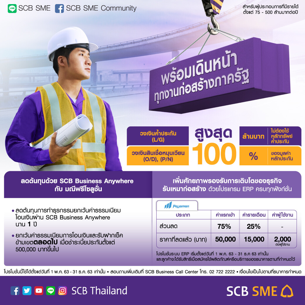 SCB ยกเว้นค่าธรรมเนียมโอน-จ่าย ลดค่าใช้จ่ายผู้ประกอบการรับเหมาก่อสร้างภาครัฐ เพื่อการเติบโตของธุรกิจหลังโควิด – 19