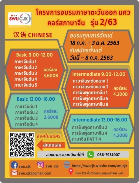 อบรมภาษาจีนแนวใหม่ (แบบผสมผสาน ชั้นเรียน + Online) คณะมนุษยศาสตร์ มศว เปิดอบรมภาษาจีนสำหรับบุคคลทั่วไป รุ่น 2/63