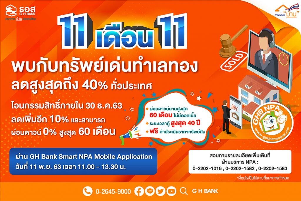 คุ้มเกินห้ามใจ!! บ้านมือสอง ธอส. ในมหกรรม 11.11 พบกับ 111 ทรัพย์เด่น   ธอส.เปิดประมูลขายออนไลน์ผ่านแอป G H Bank Smart NPA