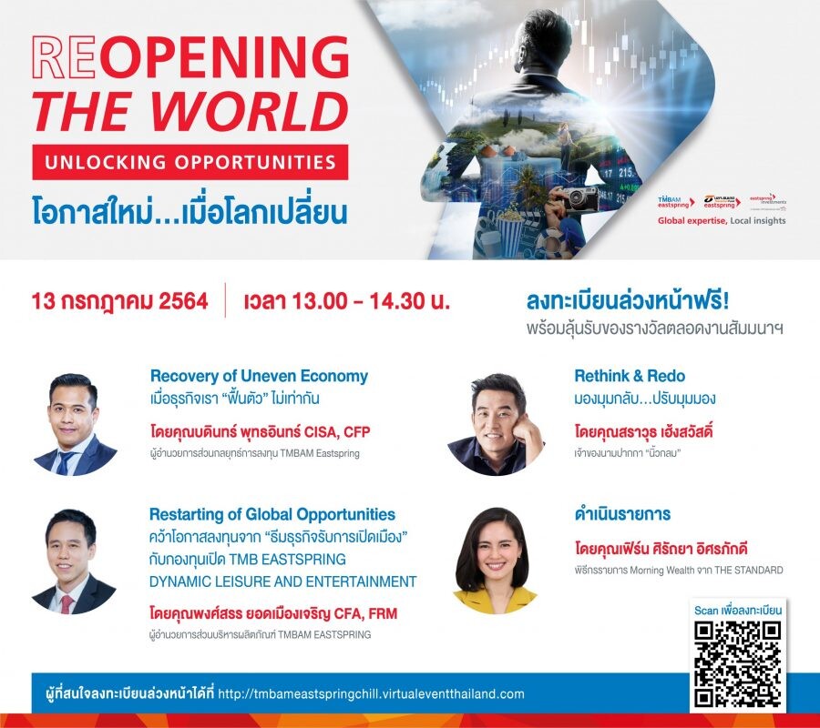 TMBAM Eastspring เจาะลึกมุมมองการลงทุนโลกหลังโควิด ในงานสัมมนา "REOPENING THE WORLD, UNLOCKING OPPORTUNITIES โอกาสใหม่…เมื่อโลกเปลี่ยน" 13 ก.ค.นี้