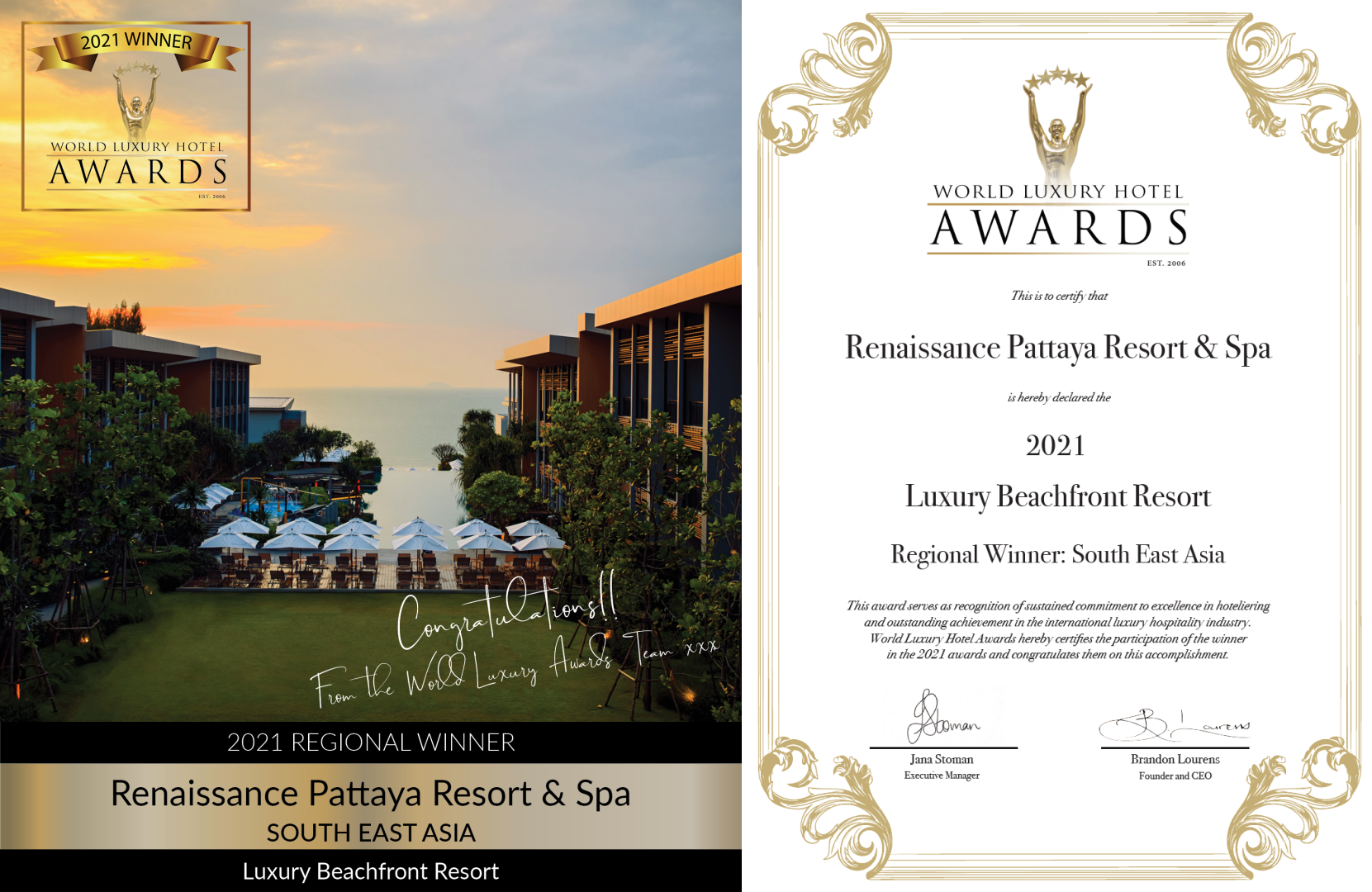 Renaissance Pattaya wins Luxury Beachfront Resort in South East Asia from the World Luxury Hotel Awards 2021