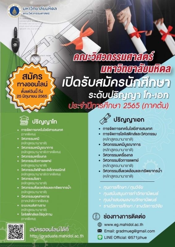 วิศวะมหิดล เปิดรับสมัคร น.ศ. ระดับ ป.โท และ ป.เอก ประจำปี 2565 วันนี้ - 25 มิ.ย. 65