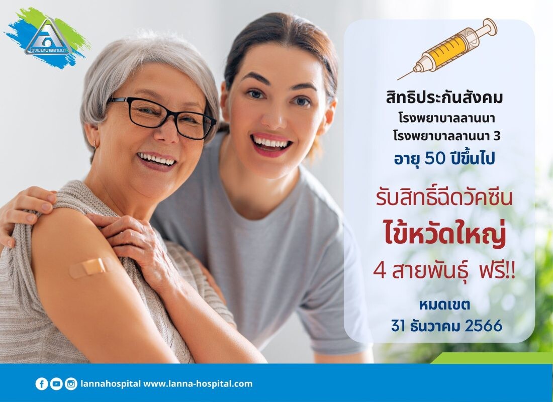 ข่าวดี!! ... ขยายเวลาสำหรับผู้ประกันตน รพ.ลานนา และ รพ.ลานนา 3 อายุ 50 ปีขึ้นไป ฉีควัคซีนไข้หวัดใหญ่ 4 สายพันธุ์ 2023 โดยไม่มีค่าใช้จ่าย