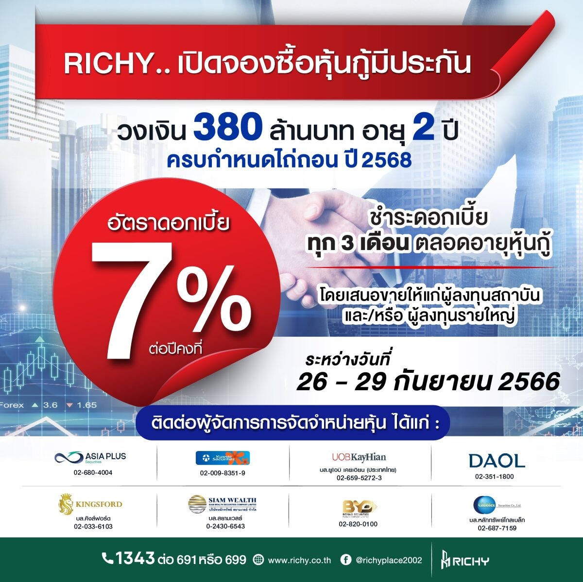 RICHY จ่อออกหุ้นกู้มีหลักประกัน 380 ลบ. ชูดอกเบี้ยจูงใจ 7%ต่อปี เปิดขายสถาบัน-รายใหญ่ 26-29 ก.ย.นี้