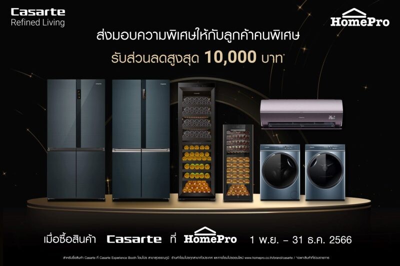 คาซาร์เต้ ประเทศไทย มอบส่วนลดพิเศษสูงสุด 10,000 บาทส่งท้ายปี ขนขบวนสินค้าเครื่องใช้ไฟฟ้าภายในบ้านระดับลักชัวรีจัดเต็มเฉพาะที่โฮมโปร ตั้งแต่วันนี้ถึง 31 ธ.ค. 66 เท่านั้น