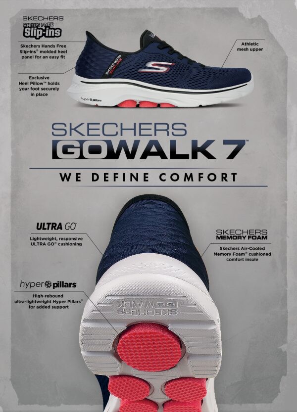 เปลี่ยนประสบการณ์การเดินของคุณให้เหนือระดับด้วย SKECHERS GOwalk 7TM ที่ออกแบบมาเพื่อความสบายและรองรับแรงกระแทกขั้นสูงสุด