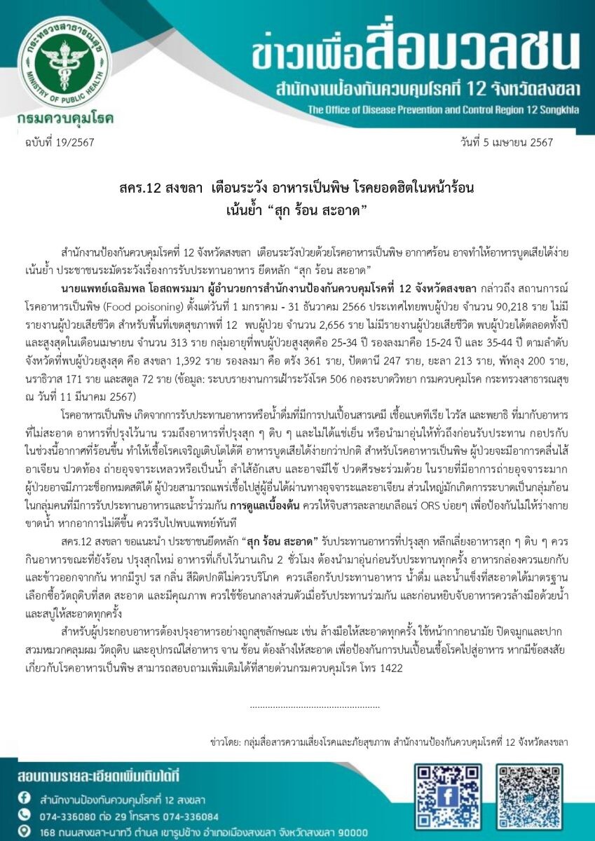 สคร.12 สงขลา เตือนระวัง อาหารเป็นพิษ โรคยอดฮิตในหน้าร้อน เน้นย้ำ "สุก ร้อน สะอาด"