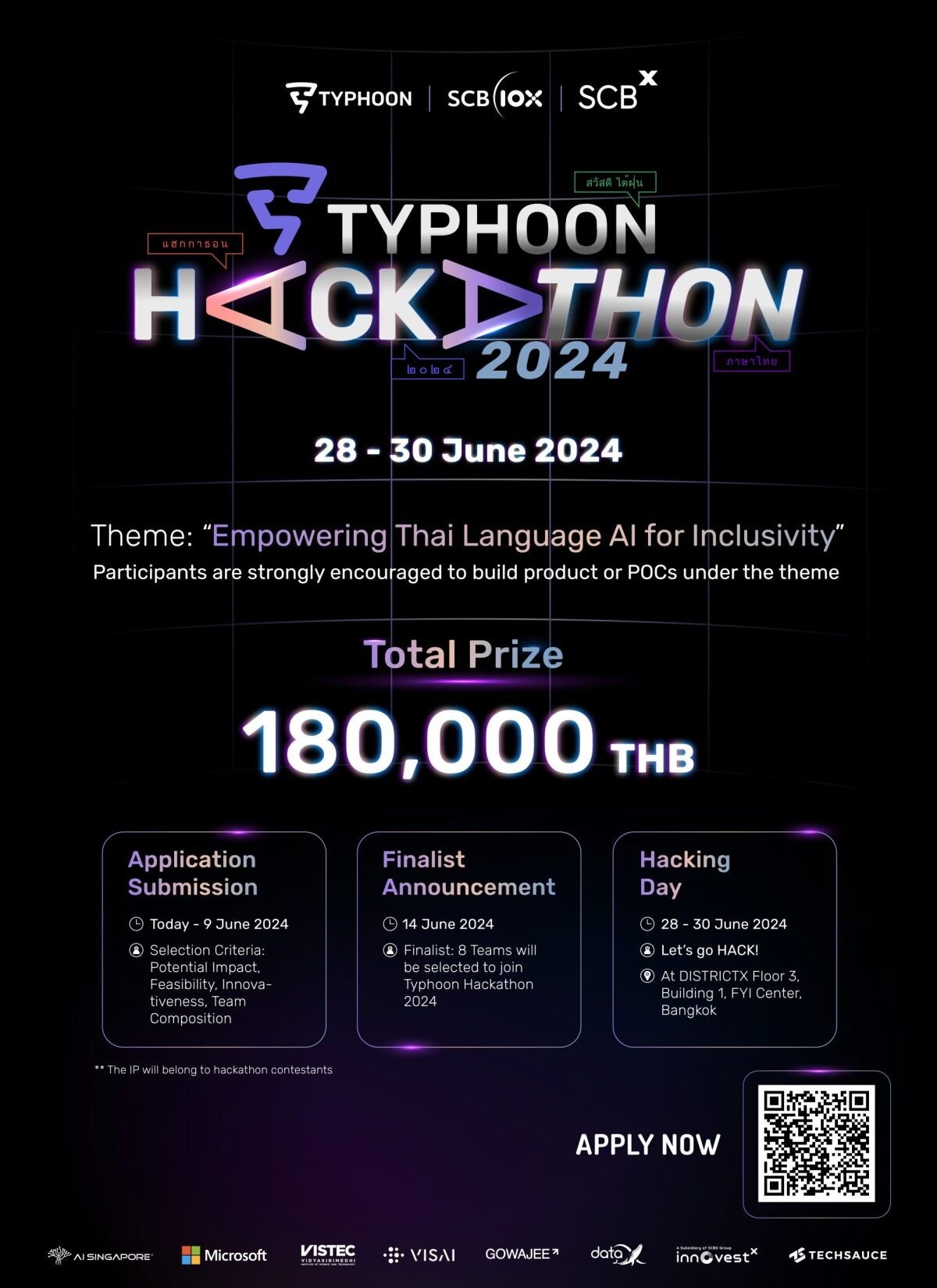 กลุ่ม SCBX เปิดเวที "Typhoon Hackathon 2024" เฟ้นหาสุดยอดทีมนักพัฒนาแอปพลิเคชันต่อยอดจากโมเดลภาษาไทยขนาดใหญ่ "ไต้ฝุ่น" พร้อมร่วมผลักดันศักยภาพด้าน AI ของประเทศไทย