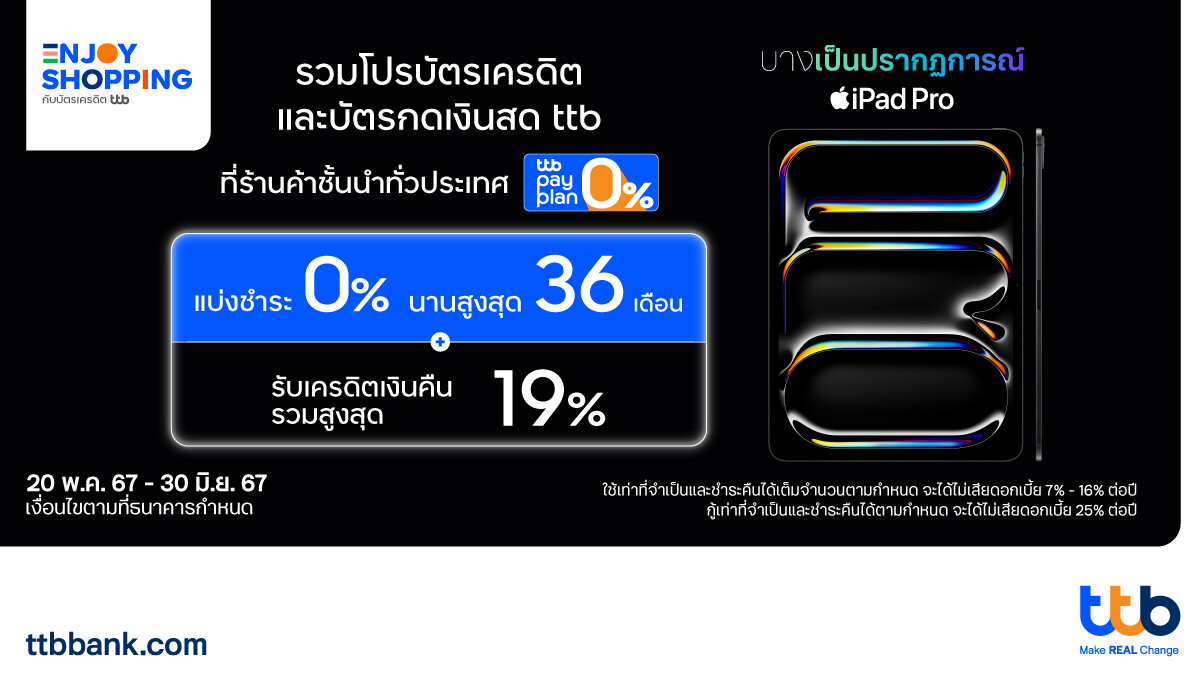 บัตรเครดิต และบัตรกดเงินสด ttb มอบสิทธิ์สุดคุ้มเมื่อซื้อ iPad Pro และ iPad Air แบ่งชำระ 0% นานสูงสุด 36 เดือน และรับเครดิตเงินคืนรวมสูงสุด 19%