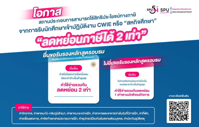 อย่าพลาดโอกาสดีๆ นี้! สถานประกอบการรับนักศึกษาฝึกงาน CWIE "สหกิจศึกษา" ลดหย่อนภาษีได้ 2 เท่า!