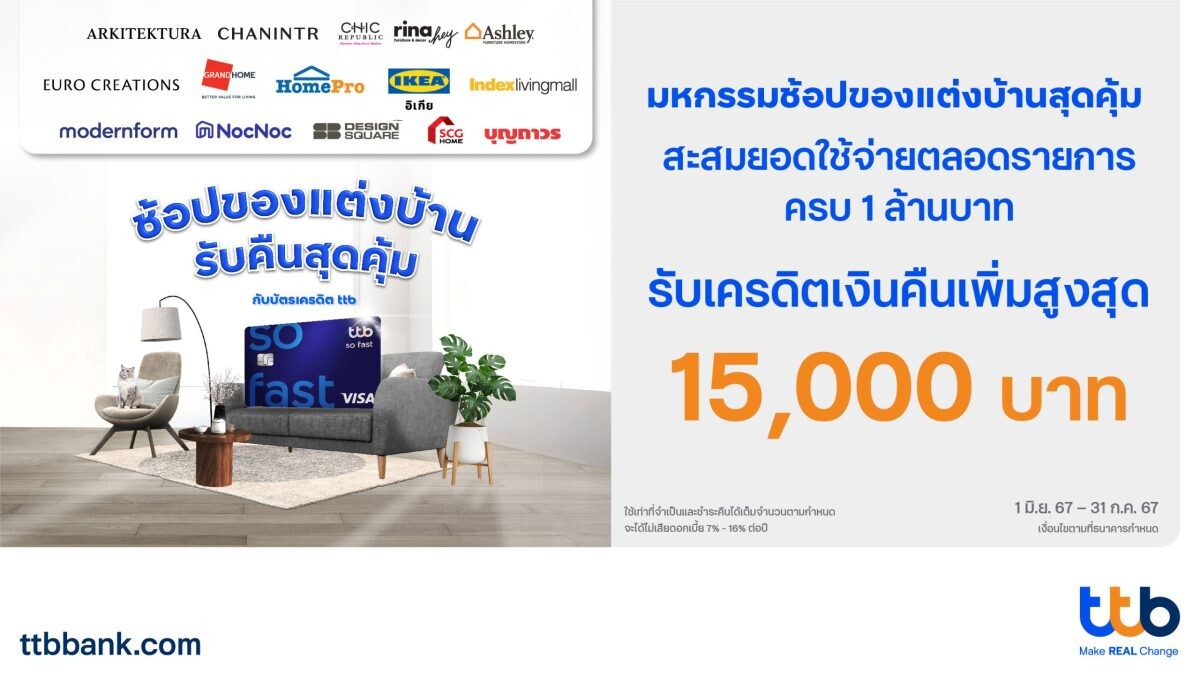 ช้อปของแต่งบ้านด้วยบัตรเครดิต ttb รับคืนสุดคุ้ม ช้อปครบล้าน รับเครดิตเงินคืนเพิ่มสูงสุด 15,000 บาท