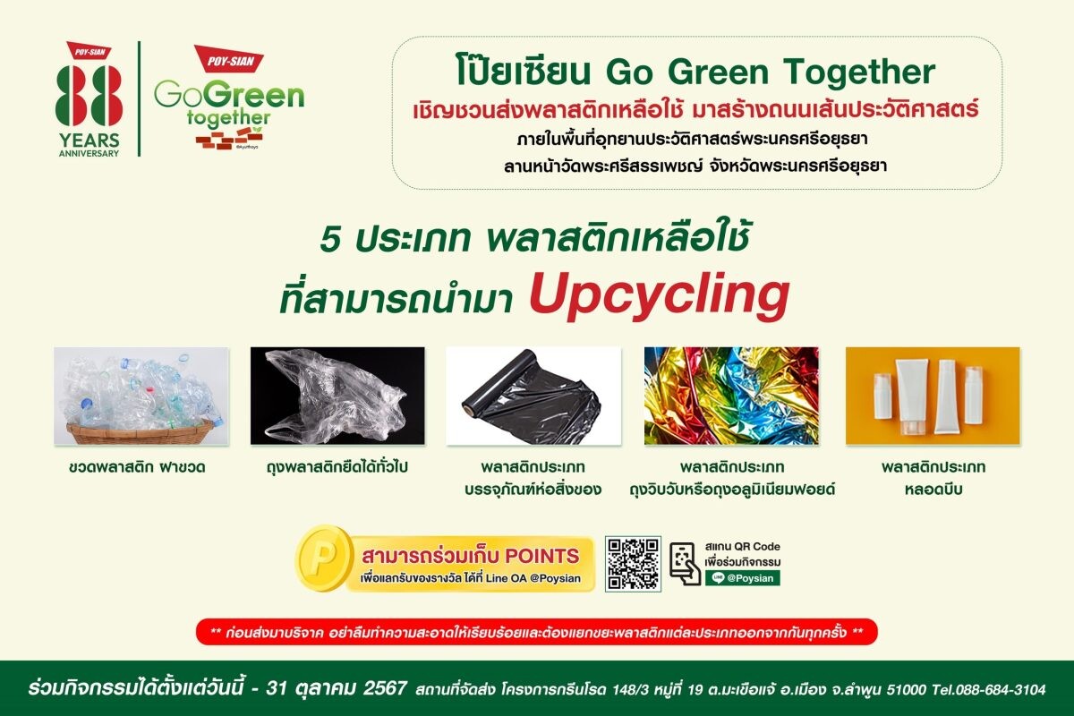 "Poysian Go Green Together" เปิดรับบริจาคพลาสติกเหลือใช้จากทั่วประเทศ เพื่อสร้างถนน UPCYCLING มอบให้อุทยานประวัติศาสตร์พระนครศรีอยุธยา ลานหน้าวัดพระศรีสรรเพชญ์ จังหวัดพระนครศรีอยุธยา