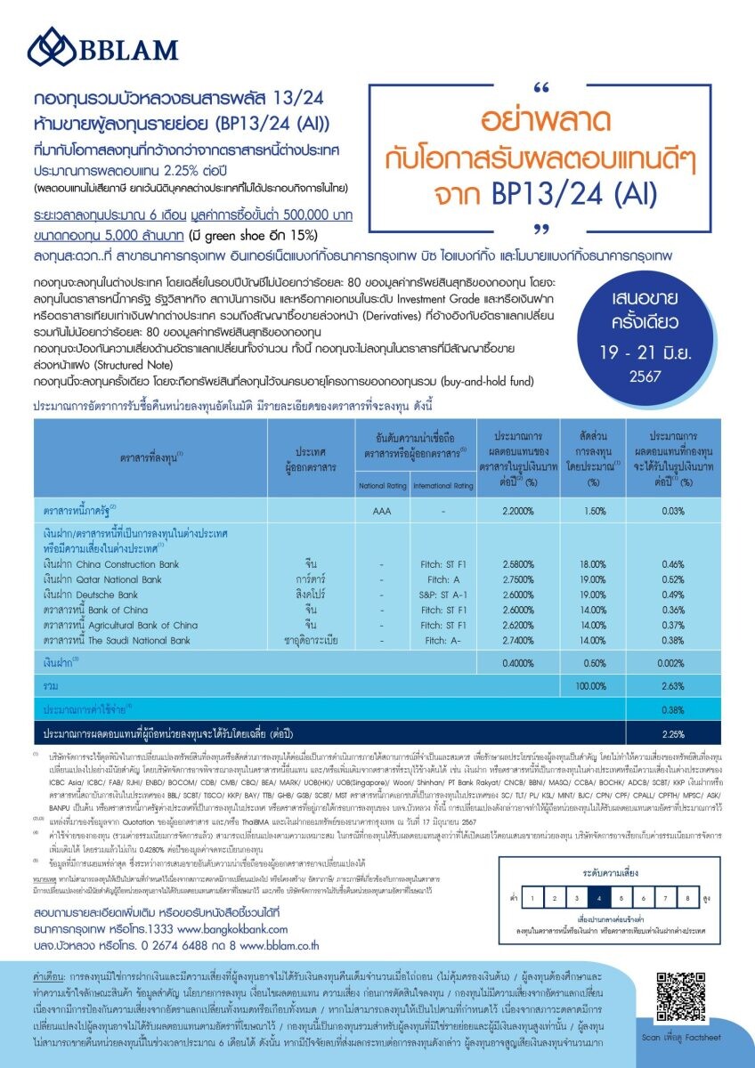 BBLAM เสนอขาย IPO 'BP13/24(AI)' วันที่ 19-21 มิ.ย. 2567