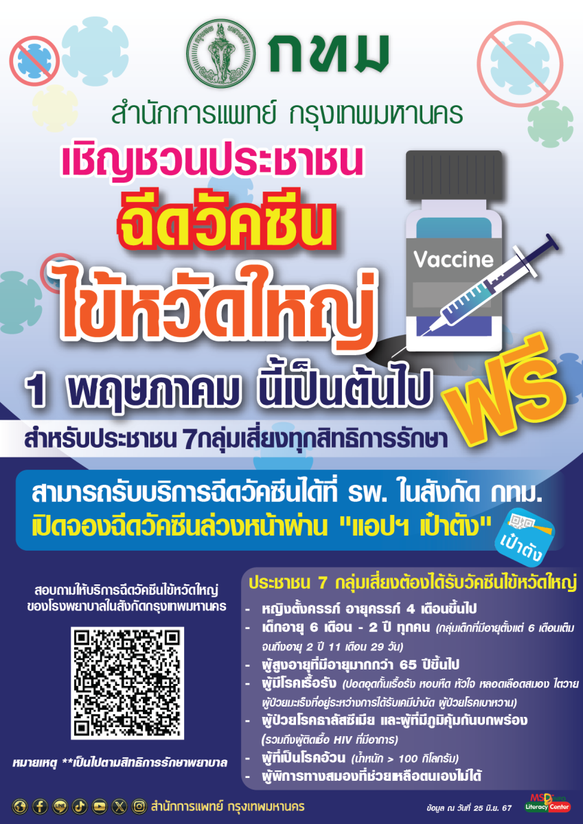 รพ. สังกัด กทม. เฝ้าระวังควบคุมการแพร่ระบาดโรคไข้หวัดใหญ่ เชิญชวนกลุ่มเสี่ยงรับวัคซีนไข้หวัดใหญ่ถึง 31 ส.ค. นี้