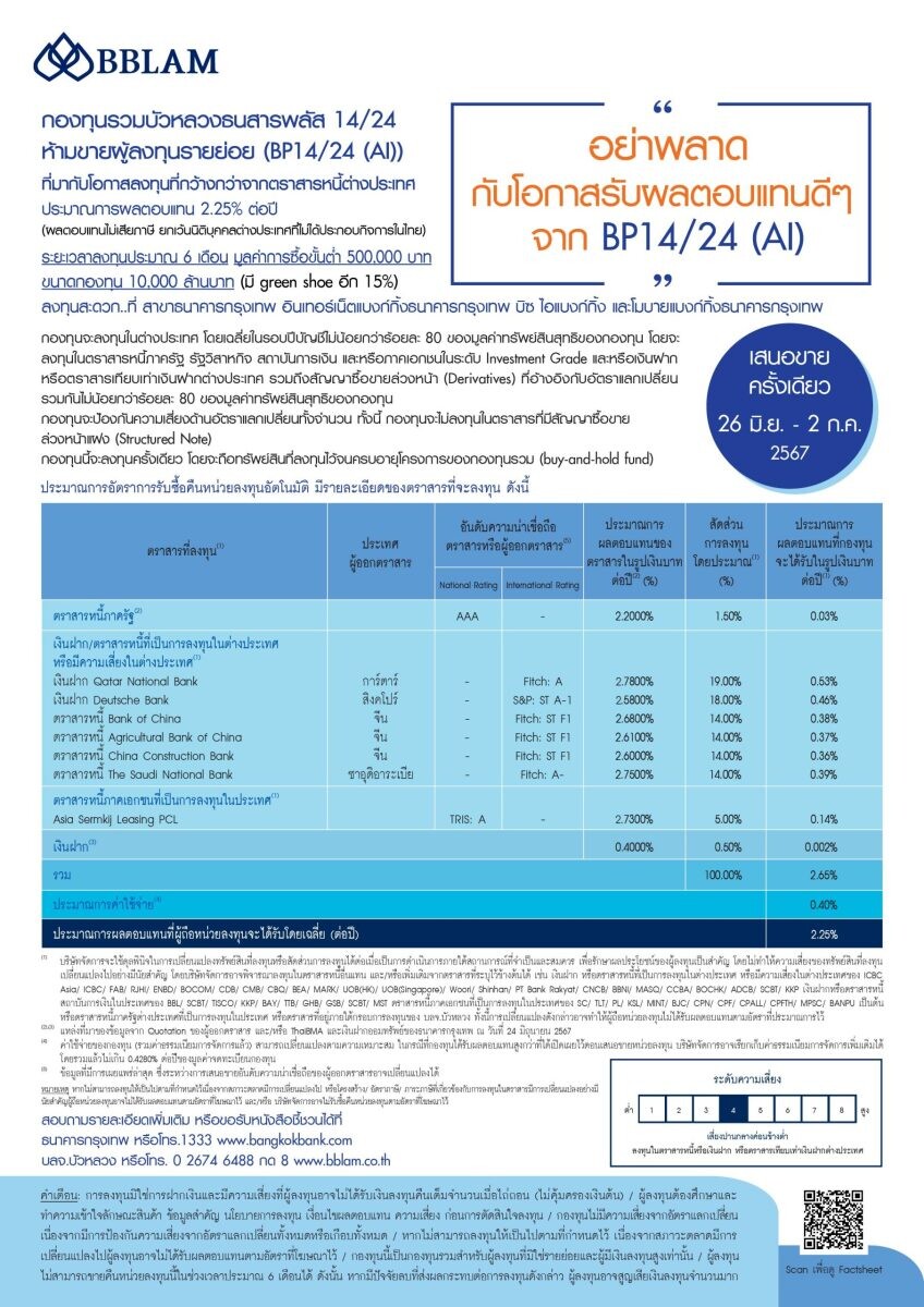 BBLAM เสนอขาย IPO 'BP14/24(AI)' วันที่ 26 มิ.ย. - 2 ก.ค. 2567