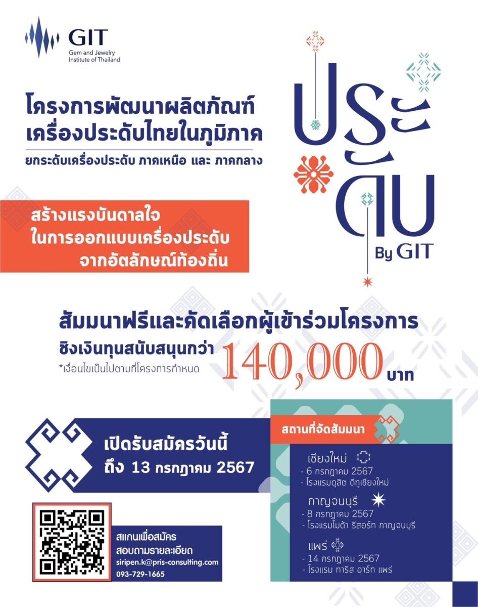 GIT ขอเชิญชวนผู้ประกอบการเครื่องประดับ ภาคกลางและภาคเหนือ ค้นหาแรงบันดาลใจพัฒนา สร้างสรรค์ผลงานจากอัตลักษณ์ในภูมิภาค กับโครงการฯ "ประดับ By GIT"