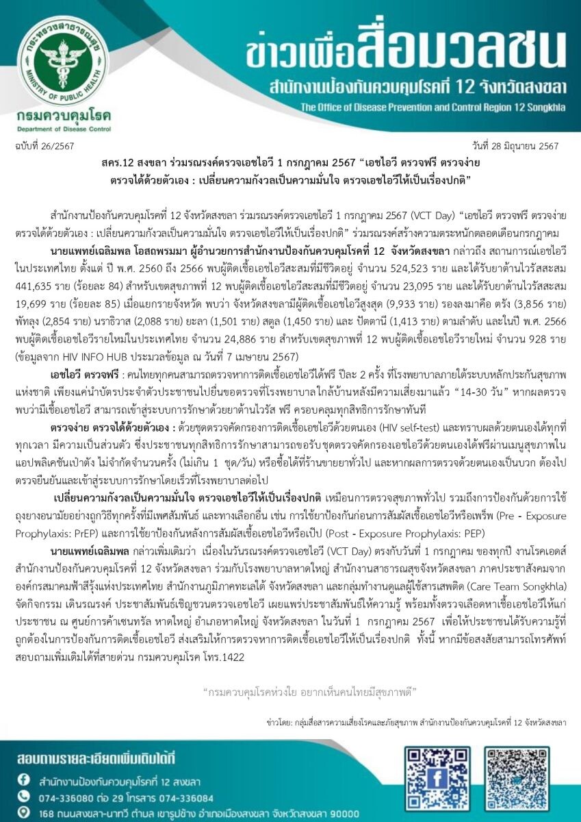 สคร.12 สงขลา ร่วมรณรงค์ตรวจเอชไอวี 1 กรกฎาคม 2567 "เอชไอวี ตรวจฟรี ตรวจง่าย ตรวจได้ด้วยตัวเอง : เปลี่ยนความกังวลเป็นความมั่นใจ ตรวจเอชไอวีให้เป็นเรื่องปกติ"