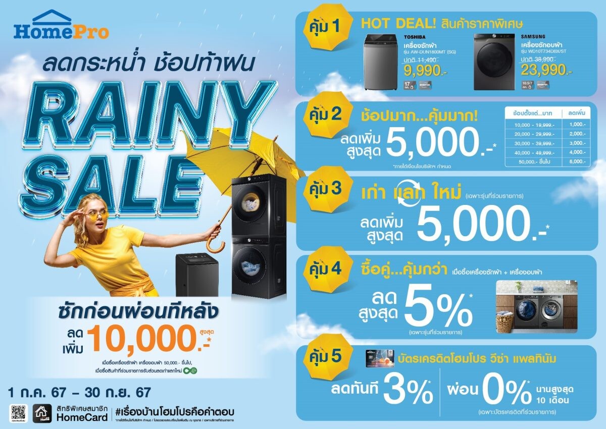 หน้าฝนช้อปให้ฉ่ำ!!! "RAINY SALE" เครื่องซักผ้า - เครื่องอบผ้า ลดกระหน่ำ จัดโปรฯ "ซักก่อนผ่อนทีหลัง" ลดเพิ่มสูงสุด 10,000 บาท พร้อมดีลสุดคุ้ม 5 ต่อ