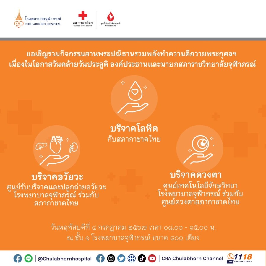 ราชวิทยาลัยจุฬาภรณ์ขอเชิญชวนผู้รับบริการโรงพยาบาลจุฬาภรณ์และประชาชนร่วมลงนามถวายพระพรและร่วมกิจกรรมทำความดีถวายพระกุศล