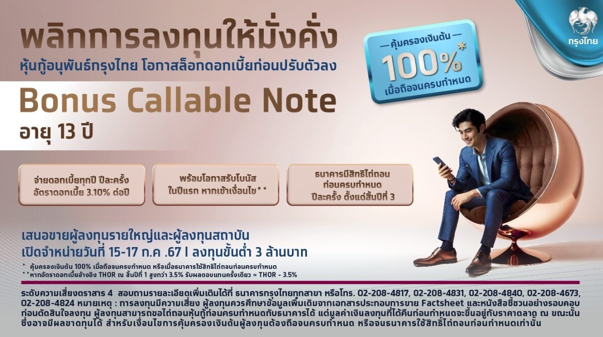 กรุงไทยพลิกโอกาสการลงทุน ล็อคดอกเบี้ยสูง 3.10% กับหุ้นกู้อนุพันธ์กรุงไทย Bonus Callable Note พร้อมโอกาสรับผลตอบแทนโบนัสปีแรก จองซื้อ 15-17 ก.ค นี้