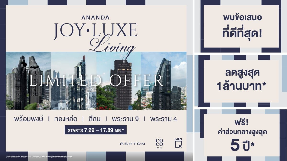 อนันดาฯ เจาะกำลังซื้อตลาดคอนโดลักชัวรี่ ส่งแคมเปญ "ANANDA JOY LUXE LIVING" จัดโปรโมชั่นพิเศษ ลดสูงสุด 1,000,000 บาท* กับ 5 คอนโดหรูพร้อมอยู่ บนที่สุดของทำเลเมือง