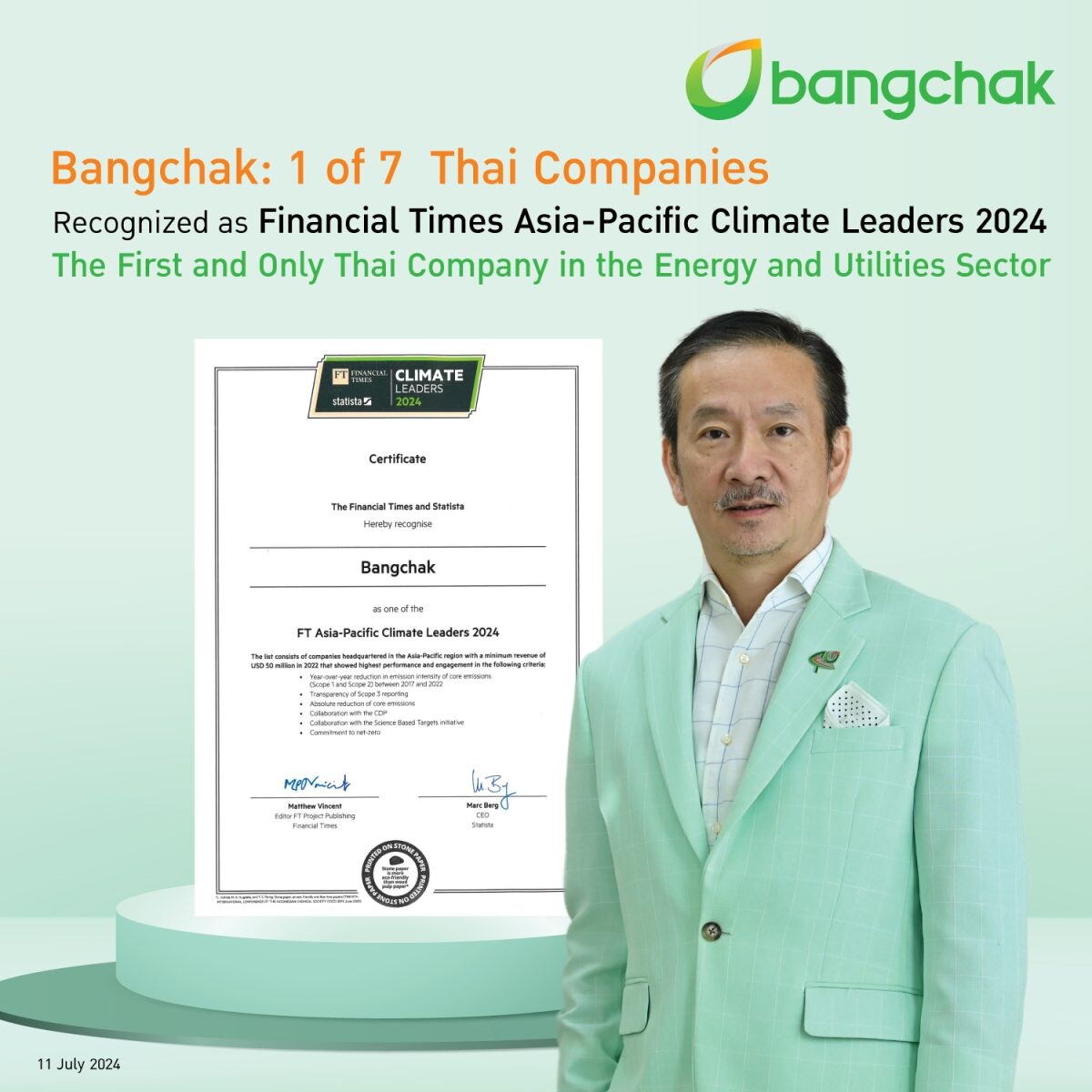 Bangchak Recognized as Financial Times' Asia-Pacific Climate Leaders 2024 The First and Only Thai Company in the Energy and Utilities Industry