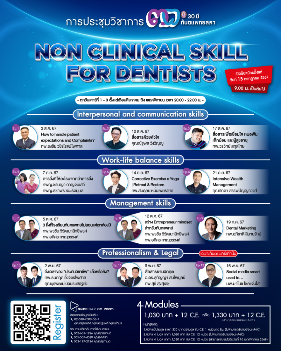 ทันตแพทยสภาขอเชิญเข้าร่วมการประชุมวิชาการ 30 ปี ทันตแพทยสภา Non Clinical Skill For Dentists