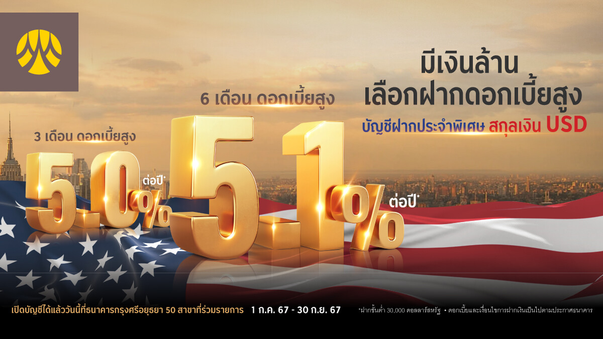 กรุงศรี ส่ง "บัญชีเงินฝากประจำ สกุลเงิน USD" ระยะสั้น รับดอกเบี้ยสูงสุด 5.1% ต่อปี