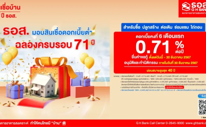 ธอส. ฉลองครบรอบ 71 ปี จัดสินเชื่อบ้านอัตราดอกเบี้ยต่ำ