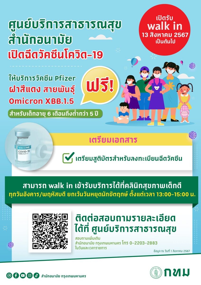 สำนักอนามัย ร่วมกับ สมาคมโรคติดเชื้อในเด็กแห่งประเทศไทย ขอเชิญชวนผู้ปกครอง พาลูกหลานอายุตั้งแต่ 6 เดือนขึ้นไป เข้ารับบริการฉีดวัคซีนโควิด 19