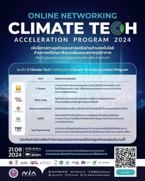 NIA ขอเชิญนักลงทุน หน่วยงานรัฐและเอกชน และผู้สนใจ ร่วม network กับ สตาร์ทอัพด้าน Climate Tech เพื่อสร้างโอกาสทางธุรกิจร่วมกัน