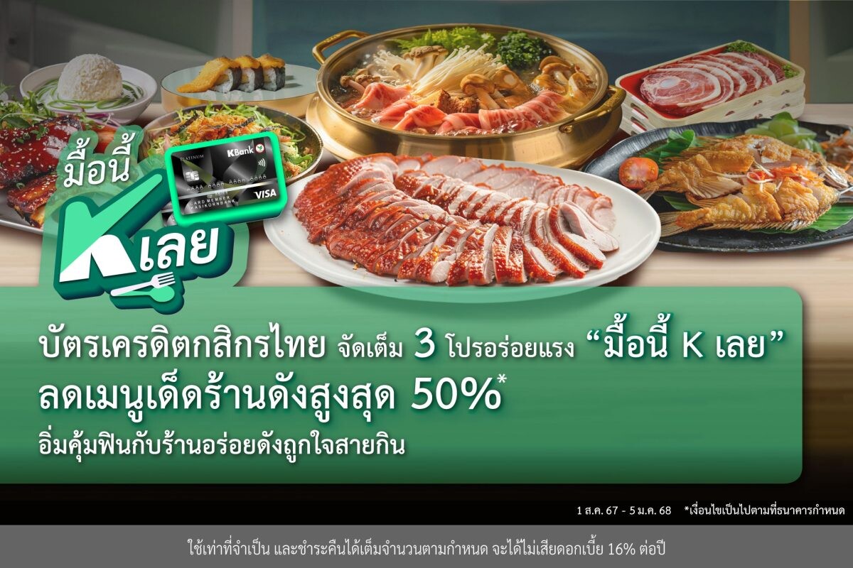 ??บัตรเครดิตกสิกรไทย จัดเต็ม 3 โปรอร่อยแรง “มื้อนี้ K เลย” อิ่มคุ้มฟินกับร้านอร่อยดังถูกใจสายกิน