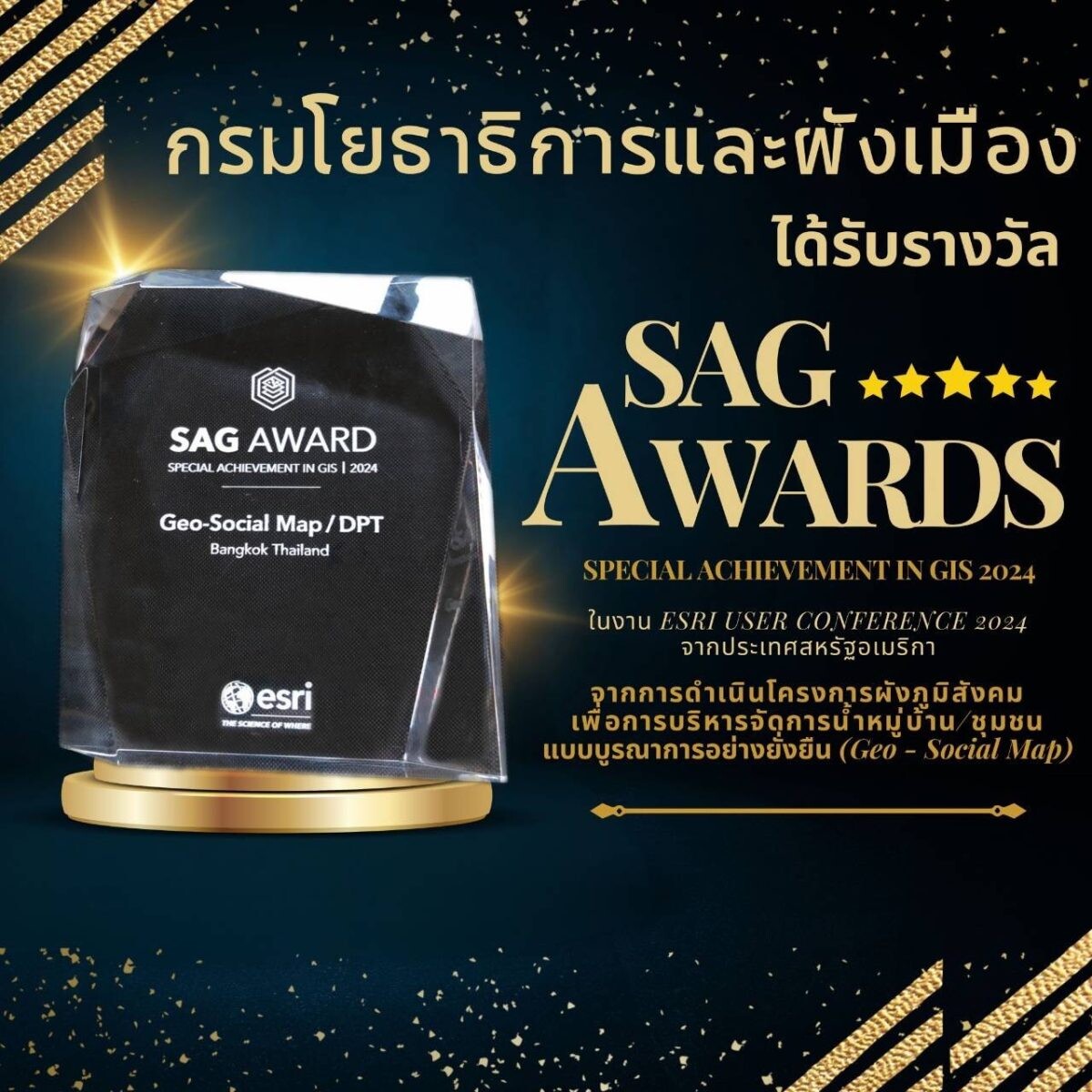 กรมโยธาธิการและผังเมือง สร้างชื่อ คว้ารางวัล "SAG AWARD Special Achievement in GIS 2024" ในงาน Esri User Conference 2024