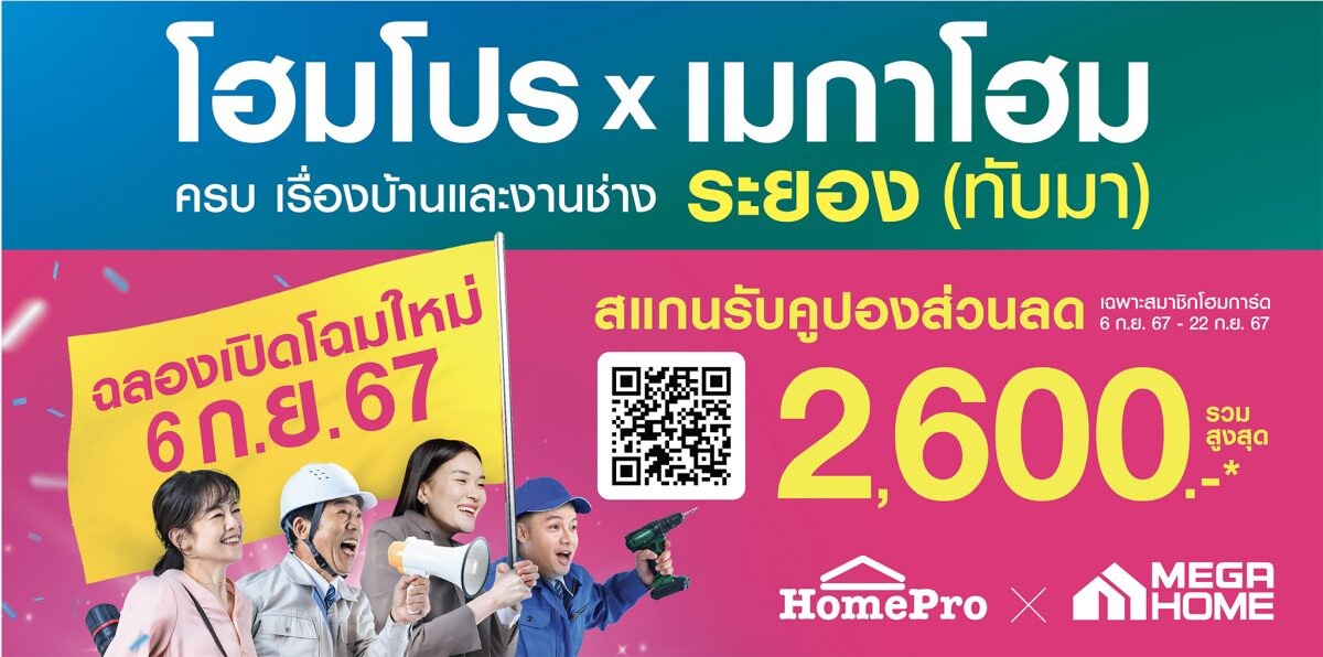 โฮมโปร (HMPRO) เดินหน้าเติมพอร์ตโมเดลไฮบริด เปิด "โฮมโปร x เมกาโฮม ระยอง ทับมา" ใจกลางทำเลอุตสาหกรรมใหญ่-เมืองท่องเที่ยว รองรับตลาดบ้าน EEC โตต่อเนื่อง