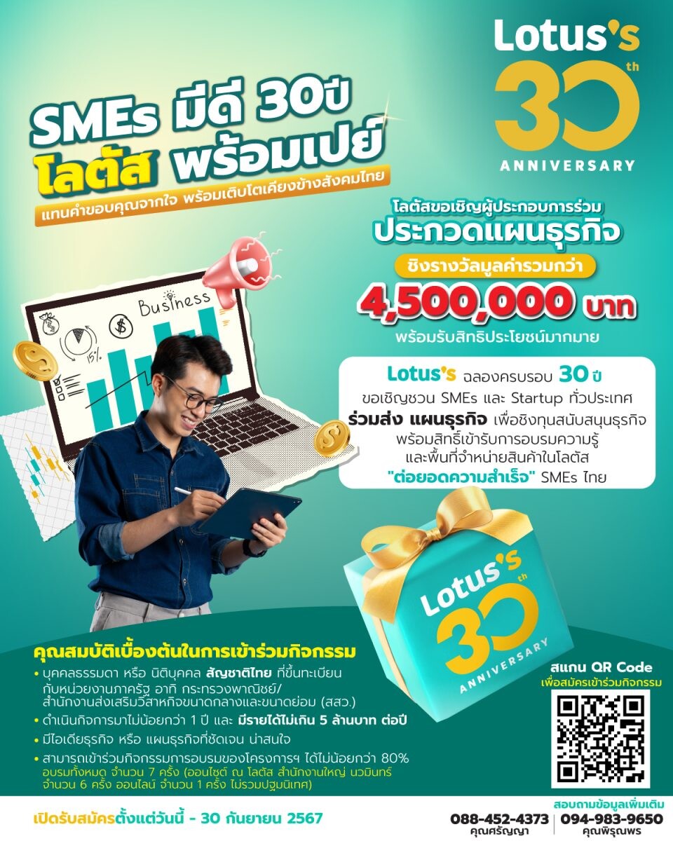 โลตัส เปิดตัวกิจกรรม "SMEs มีดี 30 ปี โลตัส พร้อมเปย์" ชวน SMEs และ Startup ทั่วประเทศ ร่วมประกวดแผนธุรกิจ ชิงรางวัลมูลค่ารวมกว่า 4.5 ล้านบาท แทนคำขอบคุณจากใจ พร้อมเติบโตเคียงข้างสังคมไทย