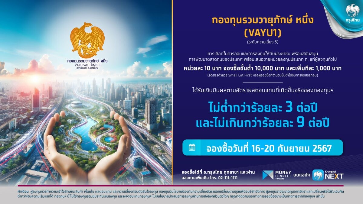 "กองทุนรวมวายุภักษ์ หนึ่ง" โอกาสรับผลตอบแทน 3-9% ต่อปี จองซื้อผ่าน Krungthai NEXT และสาขากรุงไทยทั่วประเทศ 16-20 ก.ย.นี้