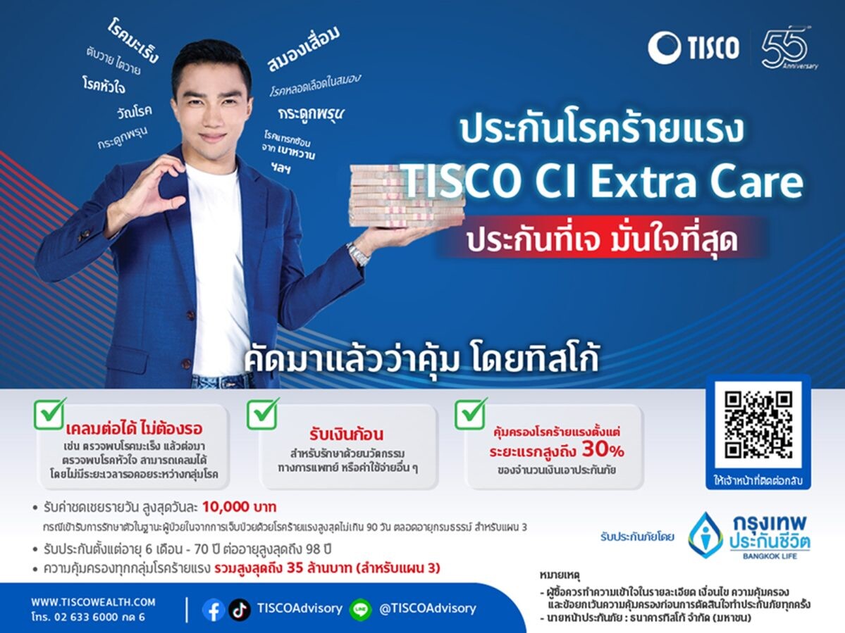 ธ.ทิสโก้ คัดมาแล้วว่าคุ้ม ! ประกันโรคร้ายแรง ต้อง "TISCO CI Extra Care" เป็นกี่โรคร้าย ก็หายห่วงเบิกต่อได้ไม่ต้องรอ