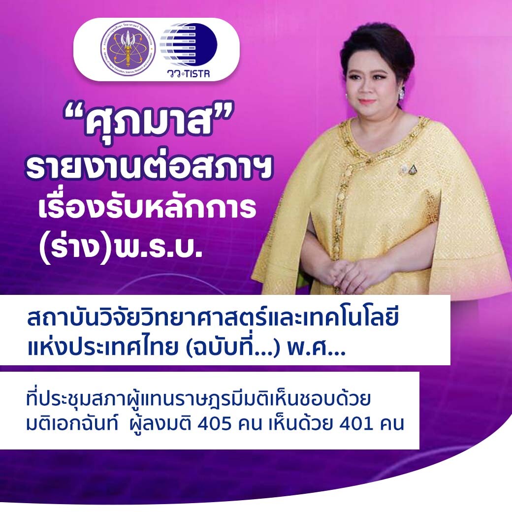 "ศุภมาส" รายงานต่อสภาผู้แทนราษฎร เรื่องรับหลักการ (ร่าง) พระราชบัญญัติสถาบันวิจัยวิทยาศาสตร์และเทคโนโลยีแห่งประเทศไทย (ฉบับที่...) พ.ศ… ที่ประชุมสภาผู้แทนราษฎรมีมติเห็นชอบด้วยมติเอกฉันท์  ผู้ลงมติ 405 คน เห็นด้วย 401  คน ไม่เห็นด้วย 0  งดออกเสียง 1 คน ไม่