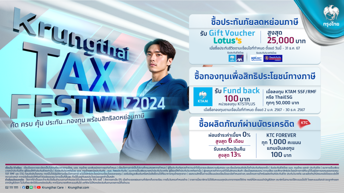 พลิกเรื่องภาษีเป็นเรื่องง่าย Krungthai Tax Festival 2024 กรุงไทยคัดมาครบ กองทุนและประกันช่วยวางแผนสิทธิลดหย่อนภาษีช่วงปลายปี